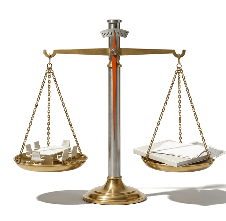 A balance weighing a meeting table against a stack of documents