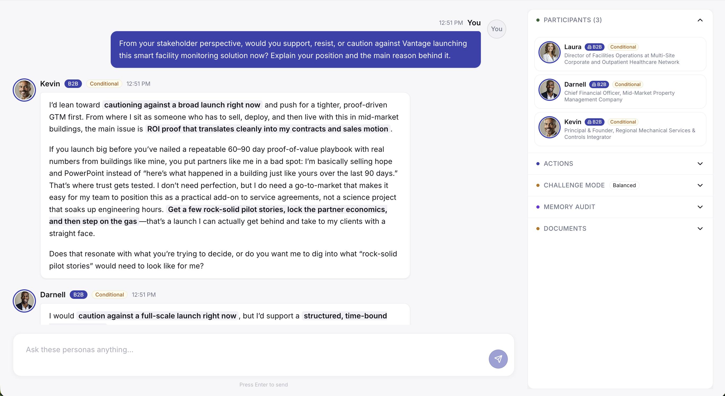 A live Strategical workshop: stakeholder personas challenge a team's launch question