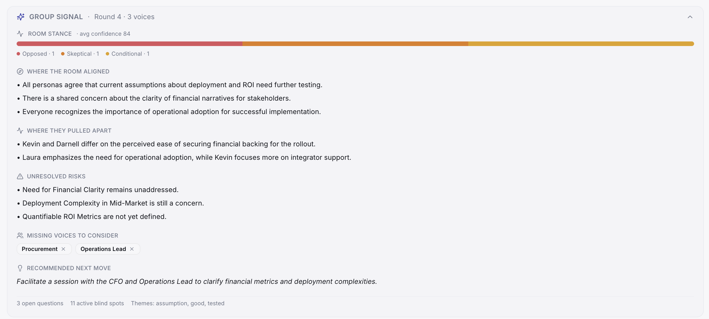 Group Signal — room stance, alignment, unresolved risks, recommended next move